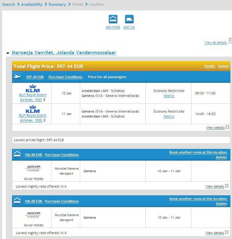 AirGo toont vervolgens de Summary, inclusief de additioneel geboekte