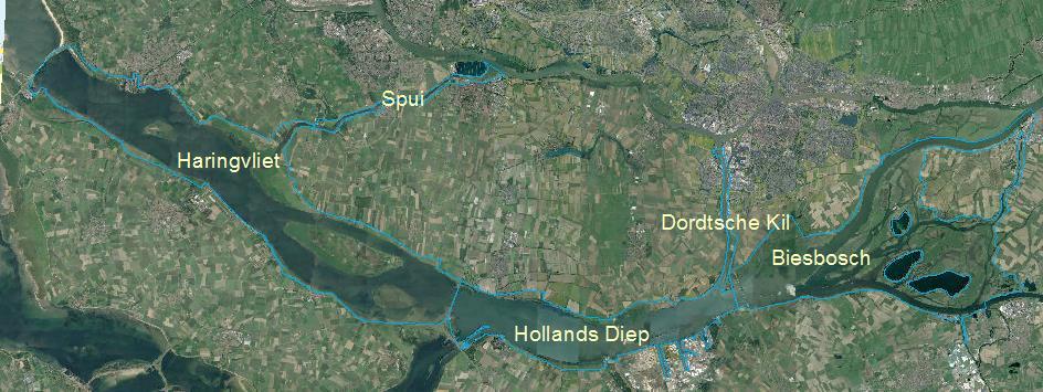 2 Onderzoeksgebied Het onderzoeksgebied bevat de gebieden Haringvliet, Hollands Diep, (Brabantse) Biesbosch, Spui en Dordtsche Kil (Figuur 2).