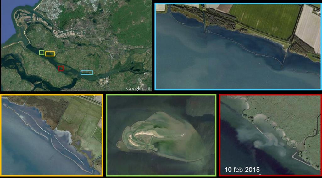 Figuur 23 Google Earth beelden van de vooroeverberscherming op diverse locaties.