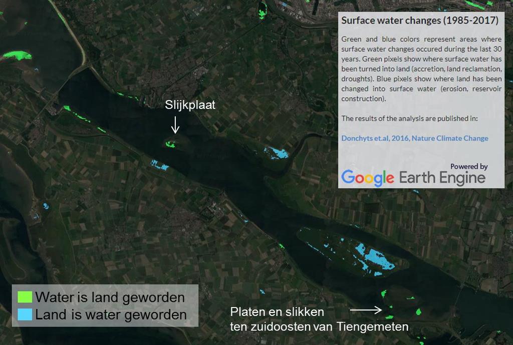 Figuur 31 Beeld van het Haringvliet uit de Aquamonitor, waarop voor de periode 1985-2017 te zien is welke gebieden van water land zijn geworden (groen) en welke gebieden van land water zijn geworden