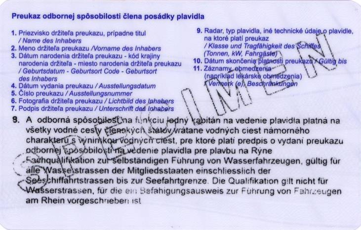 Modellen van de Slowaakse vaarbewijzen categorie A en categorie B