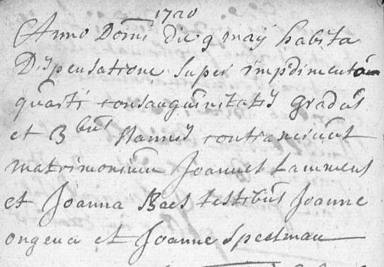 Vindplaats: rijksarchief Beveren, huwelijksakten Eksaarde 6/10/1701 6/2/1721, pagina 94 van 96 JOANNES BAES 1.