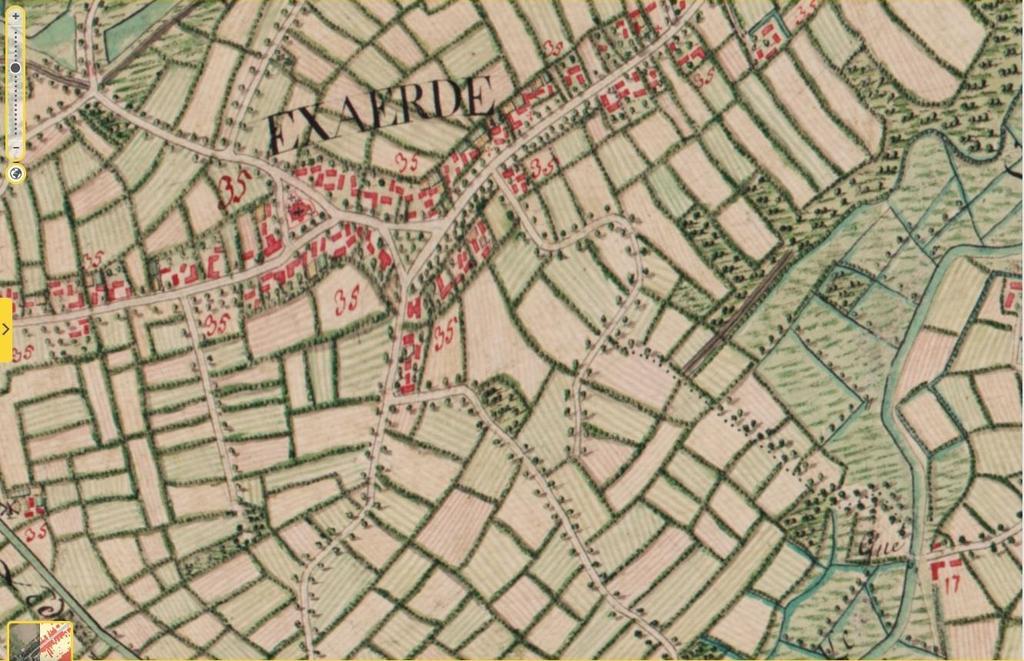 Oudenakker is gesitueerd in het midden van de kaart, de huizenreeks aan het kruispunt met er naast nummer 35.
