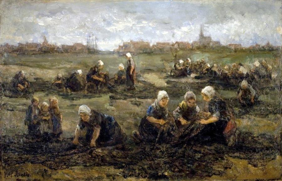 Figuur 1.1. De Nettenboetsters van Jozef Israëls (1886). In de omgeving van het dorp zijn vrouwen bezig met het nette boeten.