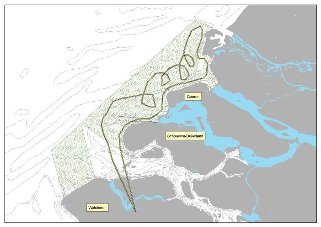 Figuur 3-3 De globaal voor de zee-eendtellingen te vliegen route.