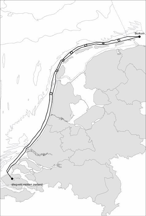 Figuur 3-4 De globaal voor de zee-eendtellingen in het referentiegebied Waddenkust te vliegen route.