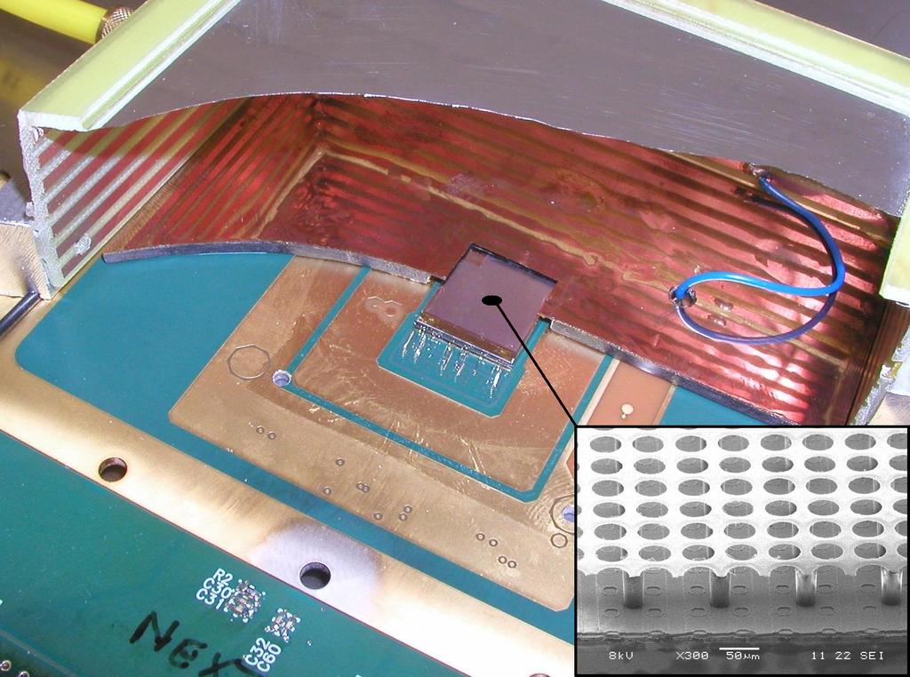 Samenvatting Figuur J.1: Schets van de doorsnede van een Gridpix detector. Links: Een geladen deeltje laat een geı oniseerd spoor achter.