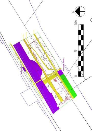 HetarcheologischonderzoekindeJanseniusstraatenophetDamiaanpleinteLeuven In het geel zijn vervolgens de oppervlakkigere verstoringen aangegeven.