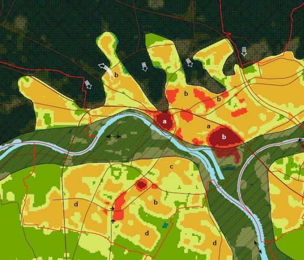 Afbeelding 3.2 Hittekaart van Arnhem (groen is koel, rood is warm) Afbeelding 3.3 Detailkaart hitte (2012) 3.6.