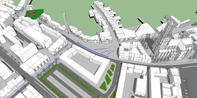 4 Vogelvluchten richting noorden (boven) richting oosten (onder) Bouwhoogte Het nieuwe bouwblok wordt, gezien vanuit het westen, voor de