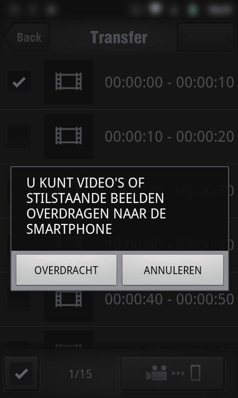 Wi-Fi gebruiken 5 De bestanden worden weergegeven als bestanden die opgedeeld zijn in bepaalde tijdslengtes Breng het vinkje (A) aan voor de bestanden die moeten overgezet worden, en tik op het