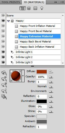 En dan voor Happy Materiaal met extrusie, kleur van onscherp is #9F2D05 : In het deel Happy Materiaal met schuine achterzijde en met inflatie aan achterzijde laat je de instellingen standaard staan.