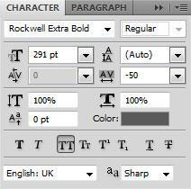 2) Tekst typen, gebruikt lettertype: Rockwell Extra Bold of een gelijkend lettertype.