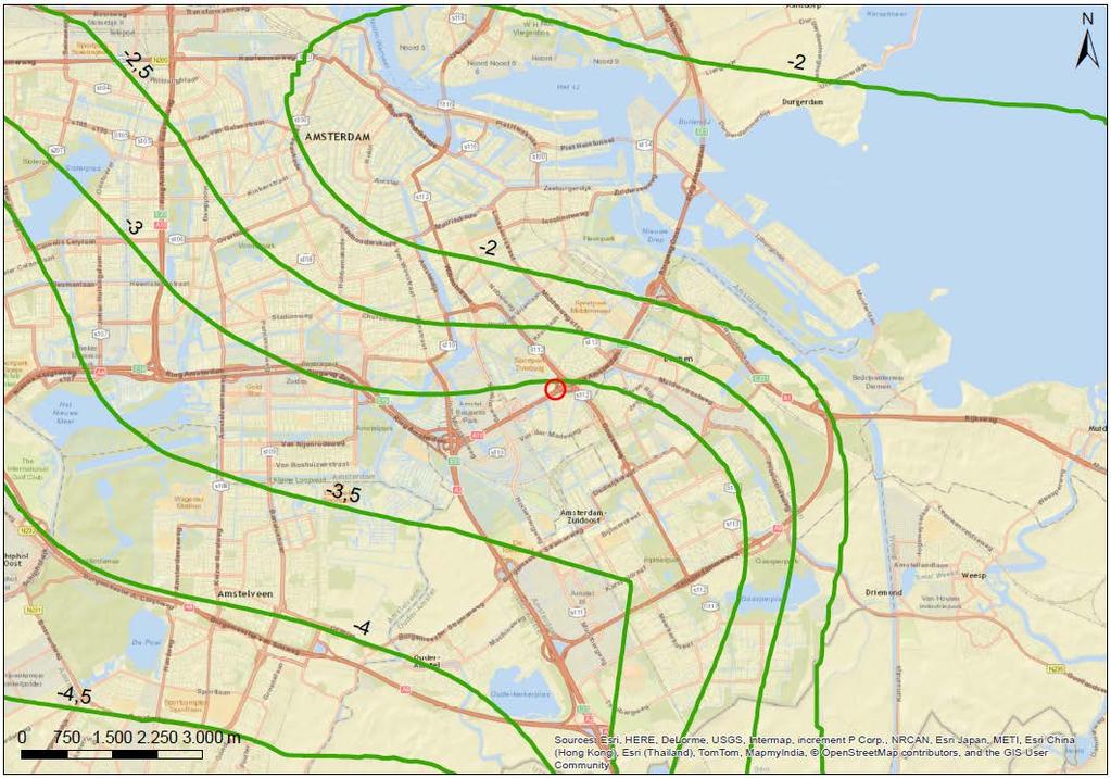 Figuur 5: Metingen van de stijghoogte in het eerste watervoerend pakket (filterstelling van circa NAP-11 m tot NAP-13 m) De isohypsen van het eerste watervoerend pakket op 28