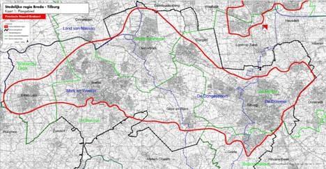 De onderstaande illustratie geeft met de zwarte lijn de plangrens weer. De rode lijn is de grens van de stedelijke regio uit het Streekplan, die in dit plan nader is bepaald.
