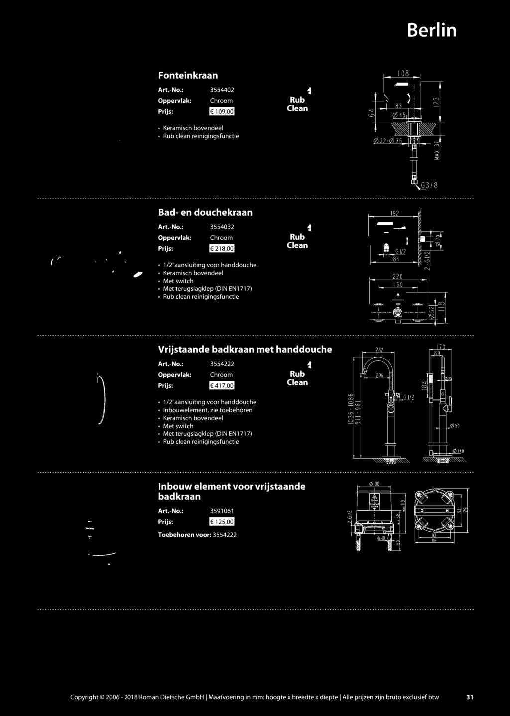 Berlin Fonteinkraan 3554402 ma Rub clean reinigingsfunctie Bad- en douchekraan 3554032 1/2"aansluiting voor handdouche Met switch Met terugslagklep (DIN EN1717) Rub clean reinigingsfunctie