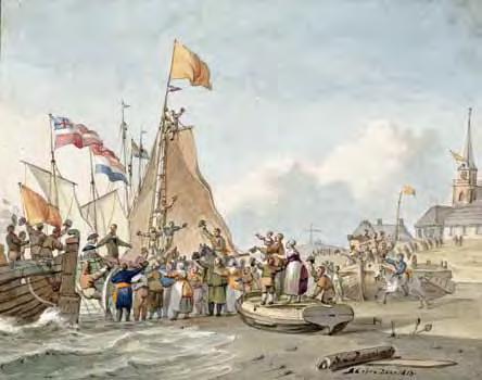 De landing van de prins van Oranje in Scheveningen door Nicolaes Lodewick Penning, 1813. dekreten en het zingen van liederen. De volgende dag werd het roeriger.