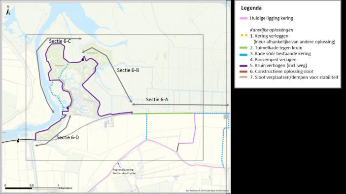 (Slenkpad) richting het noorden en noordwesten tot bij Natuurlijk Kollumeroord. Daar loopt de kering tussen de bebouwing door richting en over het sluisje richting Villapark Lauwerssee.