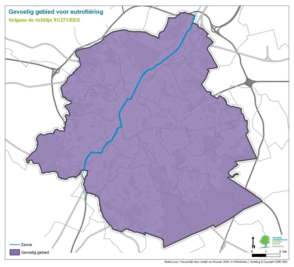 Kaart 4.1. : Gevoelig gebied voor eutrofiëring Bron: Leefmilieu Brussel, 2014 4.