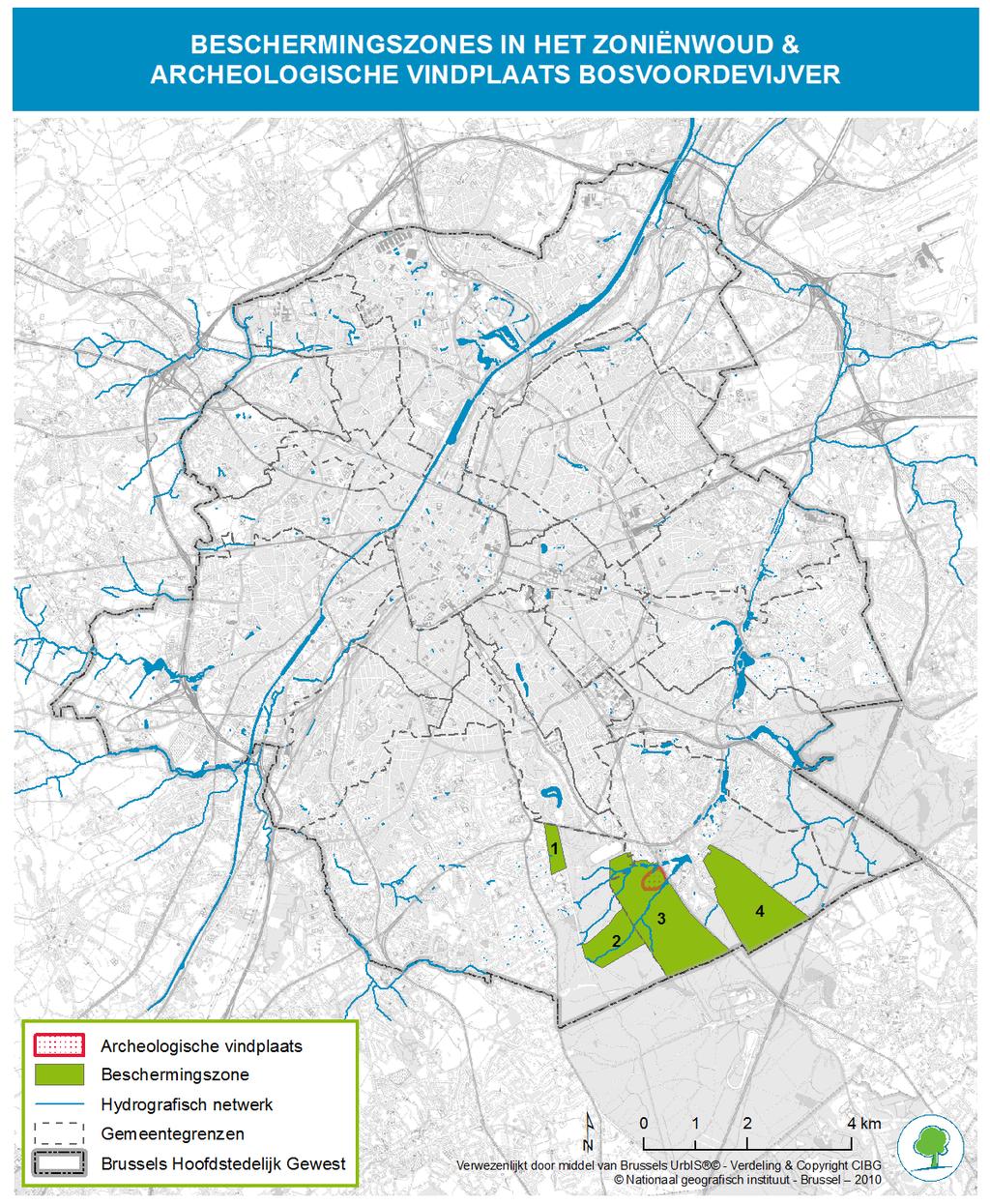 Kaart 7.2. : Localisatie van de speciale beschermingszones in het Zoniënwoud en van de archeologische vindplaats Bron : Leefmilieu Brussel, 2010 7.