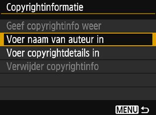 Selecteer [Voer naam van auteur in] of [Voer copyrightdetails in] en druk vervolgens op <0>. Het tekstinvoerscherm wordt geopend.