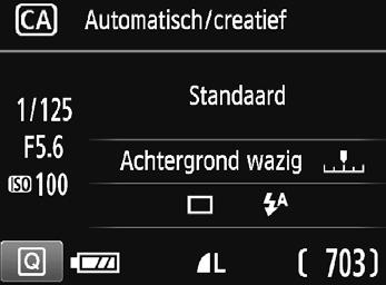 C Creative Auto-opnamen Sluitertijd Diafragma ISO-snelheid (3) (1) (2) (4) Accuniveau Opnamekwaliteit Maximum aantal opnamen U kunt op de knop <Q> drukken om het volgende in te stellen: (1)