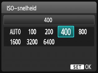 i: De ISO-snelheid aanpassen aan het lichtniveaun Stel de ISO-snelheid (de lichtgevoeligheid van de beeldsensor) in op de waarde die voor het omgevingslicht gewenst is.