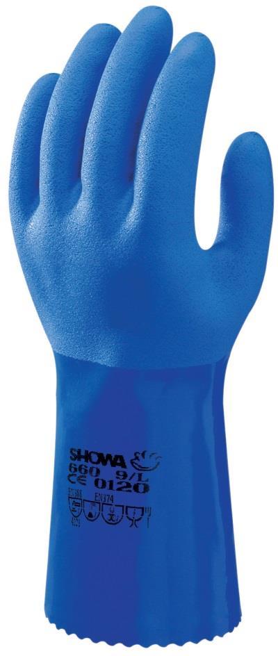 Spuithandschoen Showa 660 blauw - De Showa 660 handschoen is een spuithandschoen en gemaakt van katoenbreiwerk en heeft een volledige PVC-coating over de gehele hand - De handschoen