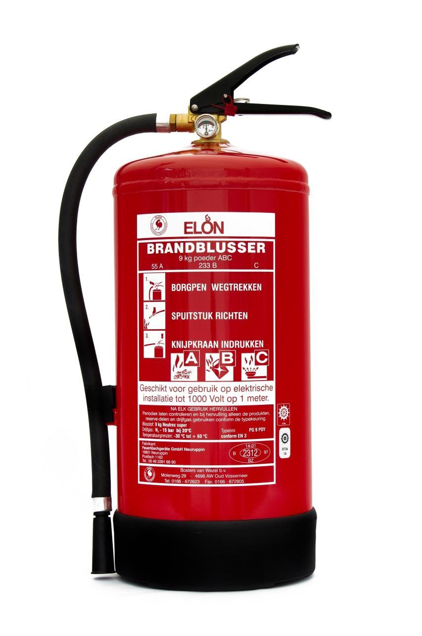 Brandblusser poeder 9 kg ABC De poederbrandblussers kunnen gebruikt worden voor brandklasse A, B en C.