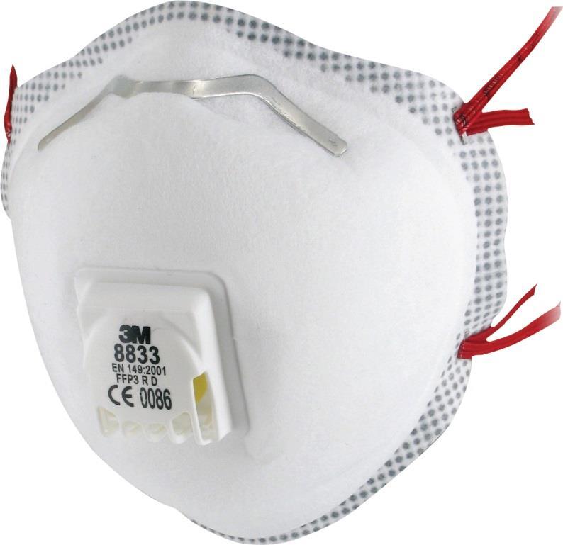 3M 8833 stofmasker P3 Het 3M 8833 stofmasker is een comfortabel masker met een hoge bescherming tegen schadelijke stoffen.