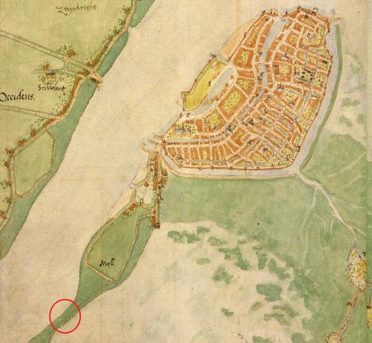 Op de oudste bekende kaarten uit de 16e eeuw is te zien dat het plangebied zowel kan hebben gelegen op een altijd droog gebleven landtong of in het water van de Oude Maas/Bergsche Veld (afb. 5 en 6).