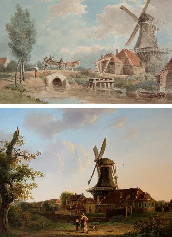 's Gravendeelsedijk 30-70, Dordrecht Ondergronds 103 Afb. 10. Boven: oliemolen de Ruts op een schilderij van Frans Lebret uit 1845-1855 (RAD 551_35339).