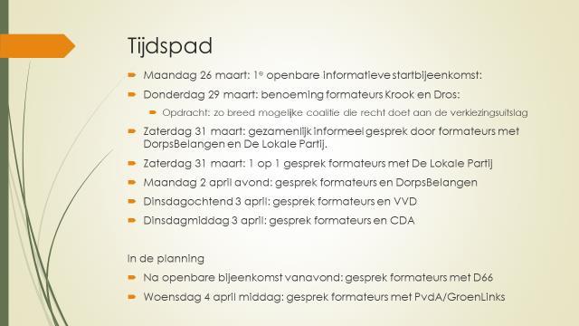 Verslag Aanwezig: Formateurs: Arjan Dros en Ab Krook De Lokale Partij: Gert Zagt & Alette Zandbergen CDA: Jan Verbruggen en Rosalie van Rijn DorpsBelangen: Jan-Jaap De Kloet & Ria Hennis VVD: Sieta