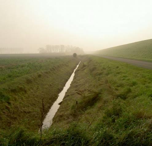 Deze ringgracht mondt gravitair, via een suatiesluis of uitwateringssluis (terugslagklepsysteem), uit in een mui langs de Schelde. Bij laagtij stroomt het water dan naar de Schelde. Figuur 6.