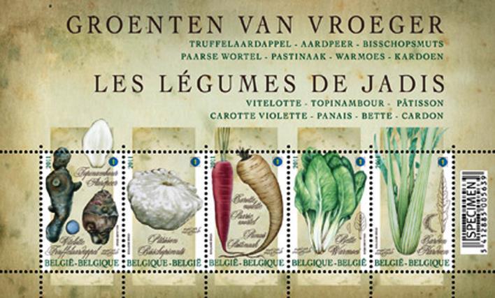 MODERNE BELGEN EN OUDE GROENTE Vergeten groenten als aardpeer en pastinaak herontdekt en op een postzegel gezet. Op 7 maart 2011 gaf België een heel leuk velletje uit.