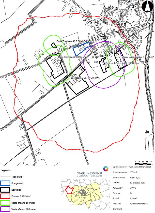 Figuur 2. Geur- en afstandscontouren van veehouderijen op grond van de geurverordening van de gemeente Hilvarenbeek.