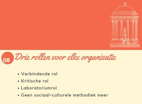 13 Slide 20: drie rollen Aangezien de sociaal-culturele methodiek wordt verlaten (wegens te complex en onvoldoende exclusief geworden), ontwikkelde het nieuwe beleid een kader dat organisaties en