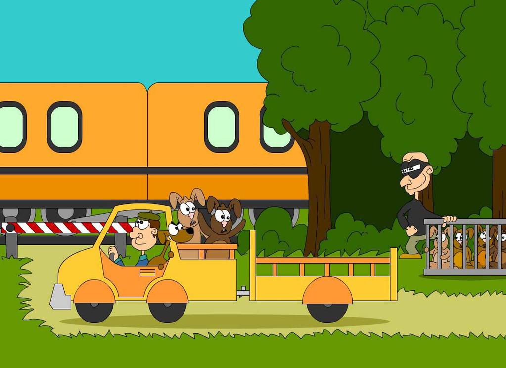 Dan komt de boer bij een spoorwegovergang en moet hij even stoppen, omdat er een trein aankomt.