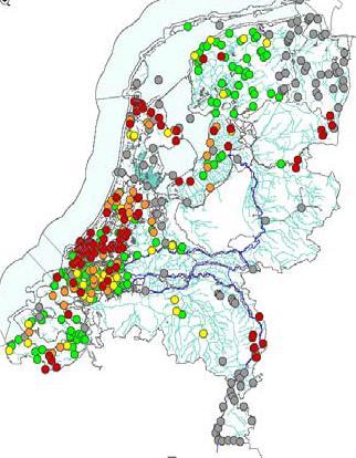Normoverschrijding van imidacloprid in 2010 ten opzichte van het Maximaal Toelaatbaar Risiconiveau (MTR = 13 nanogram per liter oppervlaktewater) Rode stippen: locaties waar de norm meer dan 5 maal