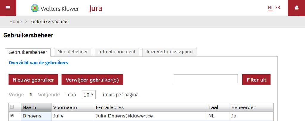 2. Overzicht van uw Jura Bibliotheken Het overzicht van uw Jura Bibliotheken vindt u terug onder Gebruikersbeheer > Modulebeheer.
