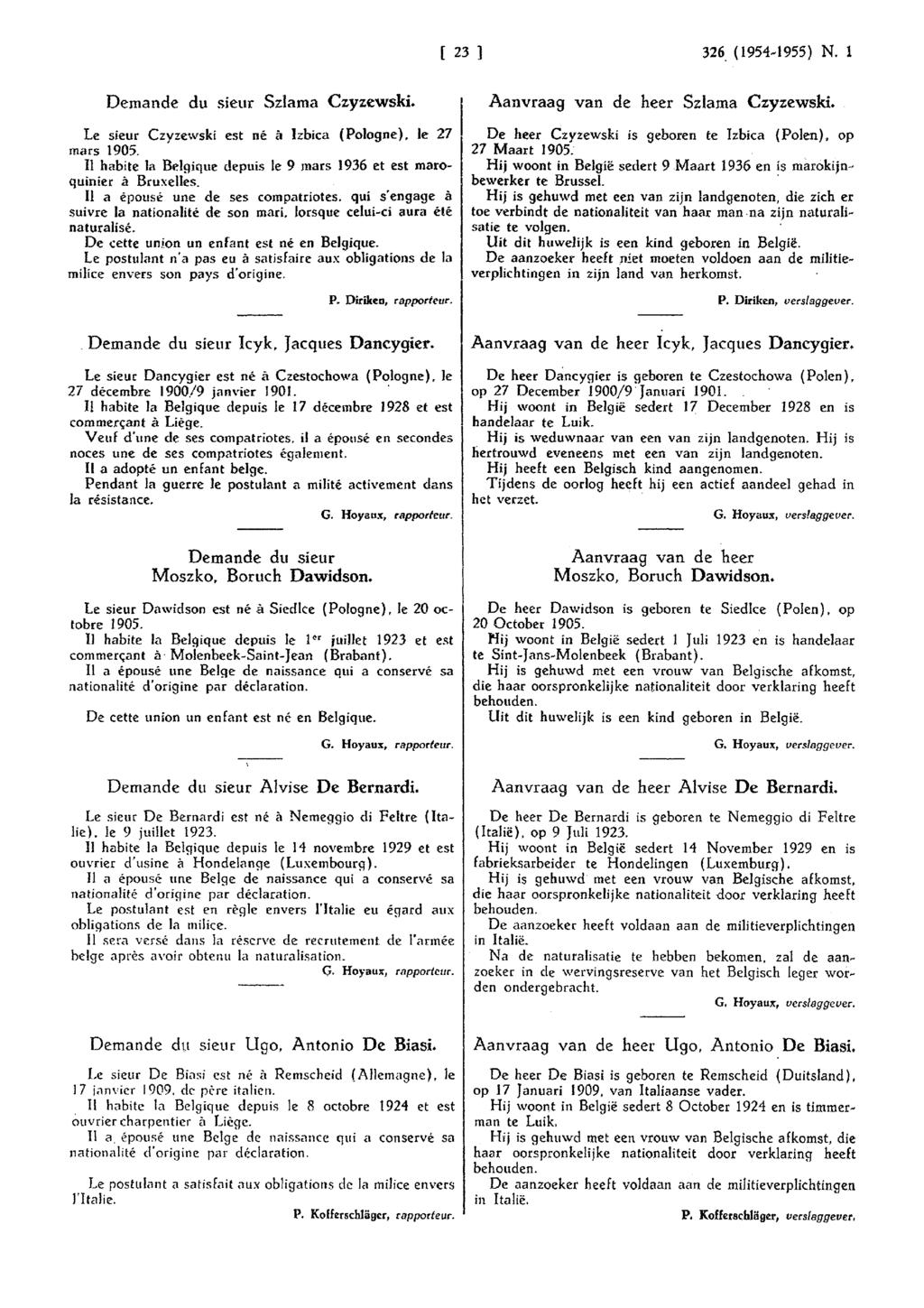 Czéstochowa [ 23 ] 326. (1954~1955) N. l Szlarna Czyzewski, van de heer Szlama Csyzewski. Le sieur Czyzewskl est né ft Izbica (Pologne), le 27 mars 1905.