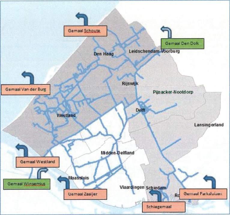 Figuur 7.2: De inlaat (groen)- en uitlaatgemalen (roze) van Delfland 7.5 