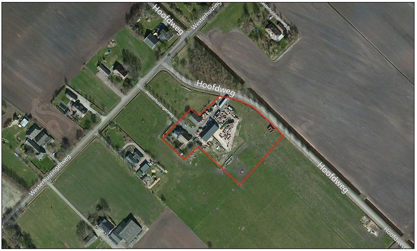 Afbeelding 2.2 Ligging van het plangebied in de directe omgeving (Bron: Bing Maps) Op het bestaande bedrijfsperceel zijn een woning met bijbehorende bouwwerken en twee gebouwen aanwezig.