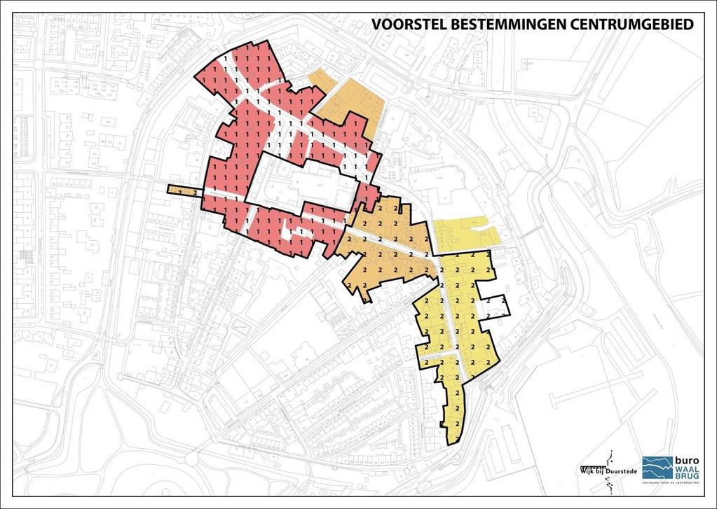 In de volgende afbeelding wordt de voorgestelde bestemmingsindeling voor het centrumgebied aangegeven ten opzichte van de geldende regeling.