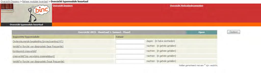 Klik op het kwartaal waarvoor je benuttingscijfers wil ingeven of aanpassen (bv; 2015 kwartaal 1 : januari maart ) Je kan de benuttingscijfers per typemodule op twee manieren ingeven.