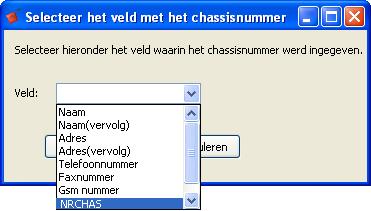 Je kan het veld selecteren dat het chassisnummer bevat. Wings maakt een bijkomend gebruikersveld CHASSI aan en kopieert de waarde van het geselecteerde veld naar het vrije veld (b.v. Telefoonnummer -> CHASSI).