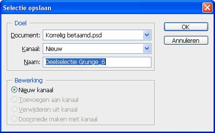 MENU : Selecteren > Selectie opslaan Naam: Deelselectie Grunge_6 Ctrl+D om de selectie op te heffen.