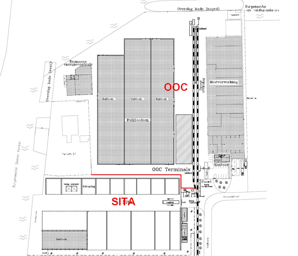 Figuur 1: Overzicht bedrijfsterrein SITA en OOC na splitsing De activiteiten van Sita na de splitsing betreffen: - Het op- en overslaan van (droge) bulk- en stukgoederen in de open lucht 1 ; - Het