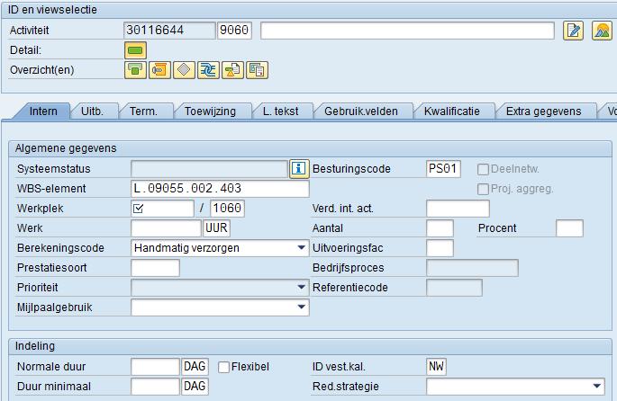 Het volgende scherm getoond wordt: 1 2 3 4 Vul de volgende velden in: 1. Activiteit 9060 is de eerst voorkomende vrije activiteitencode in het netwerk, welke automatisch gekozen wordt.