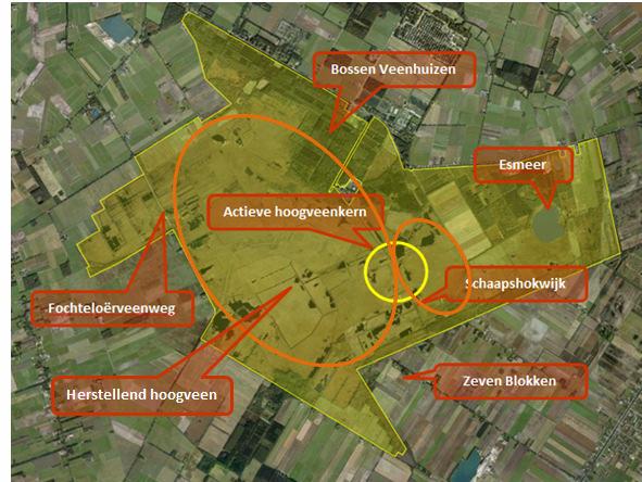 Fig 1. Het Natura 2000 gebied Fochteloërveen (Bron: www.synbiosys.alterra.nl/natura2000). 2.2 PROBLEMATIEK Sinds de ontginning van het omringende veen ligt het Fochteloërveen als een hoog gelegen eiland tussen de omringende landbouwgronden.